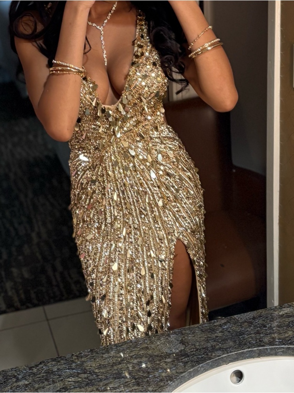 Sherri Hill 54912 Gold Sequin Floor Length Dress with High Front Slit - Picture 7 of 8